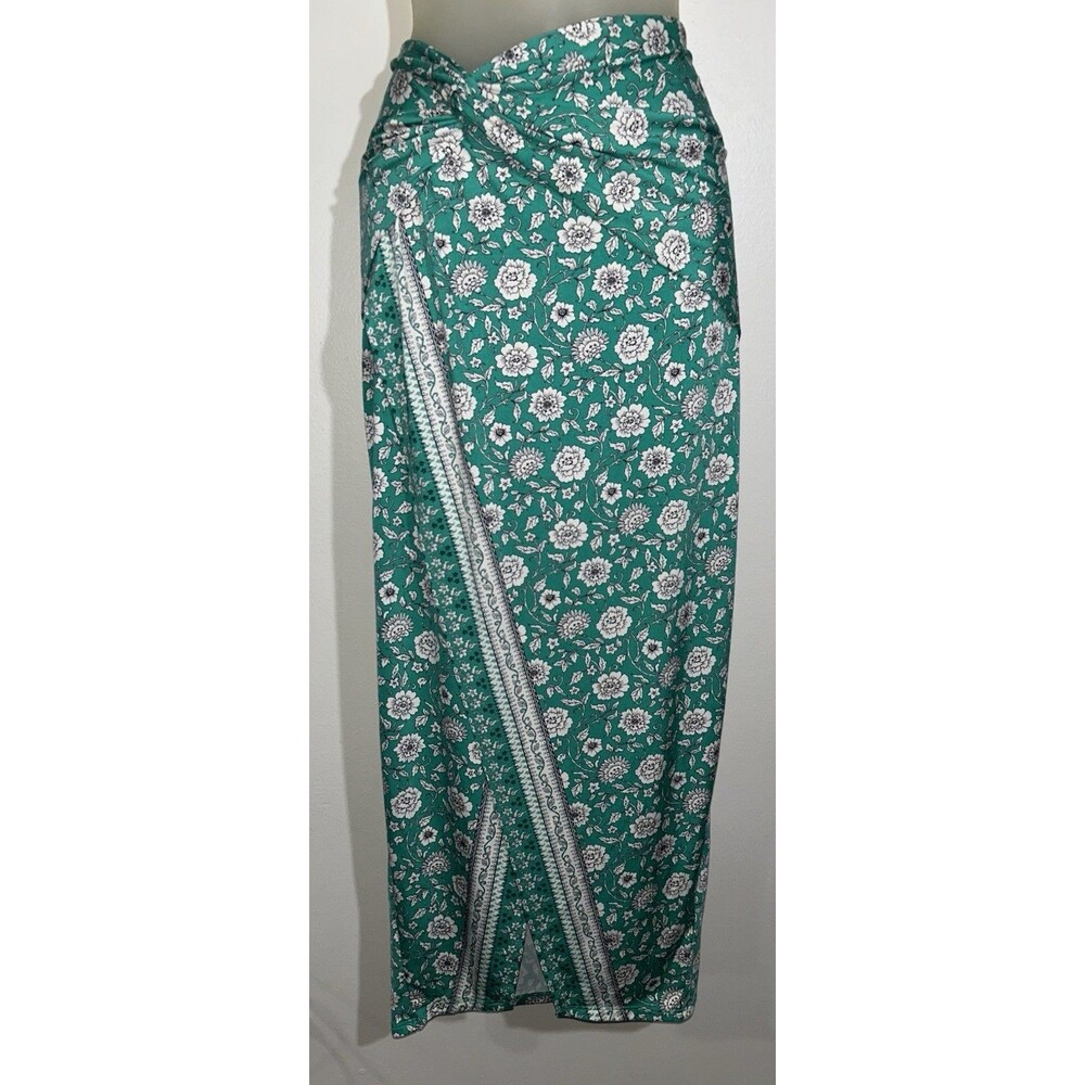 Free People Sarong It Feels Right Midi Skirt M Green Floral Slit Boho Beach